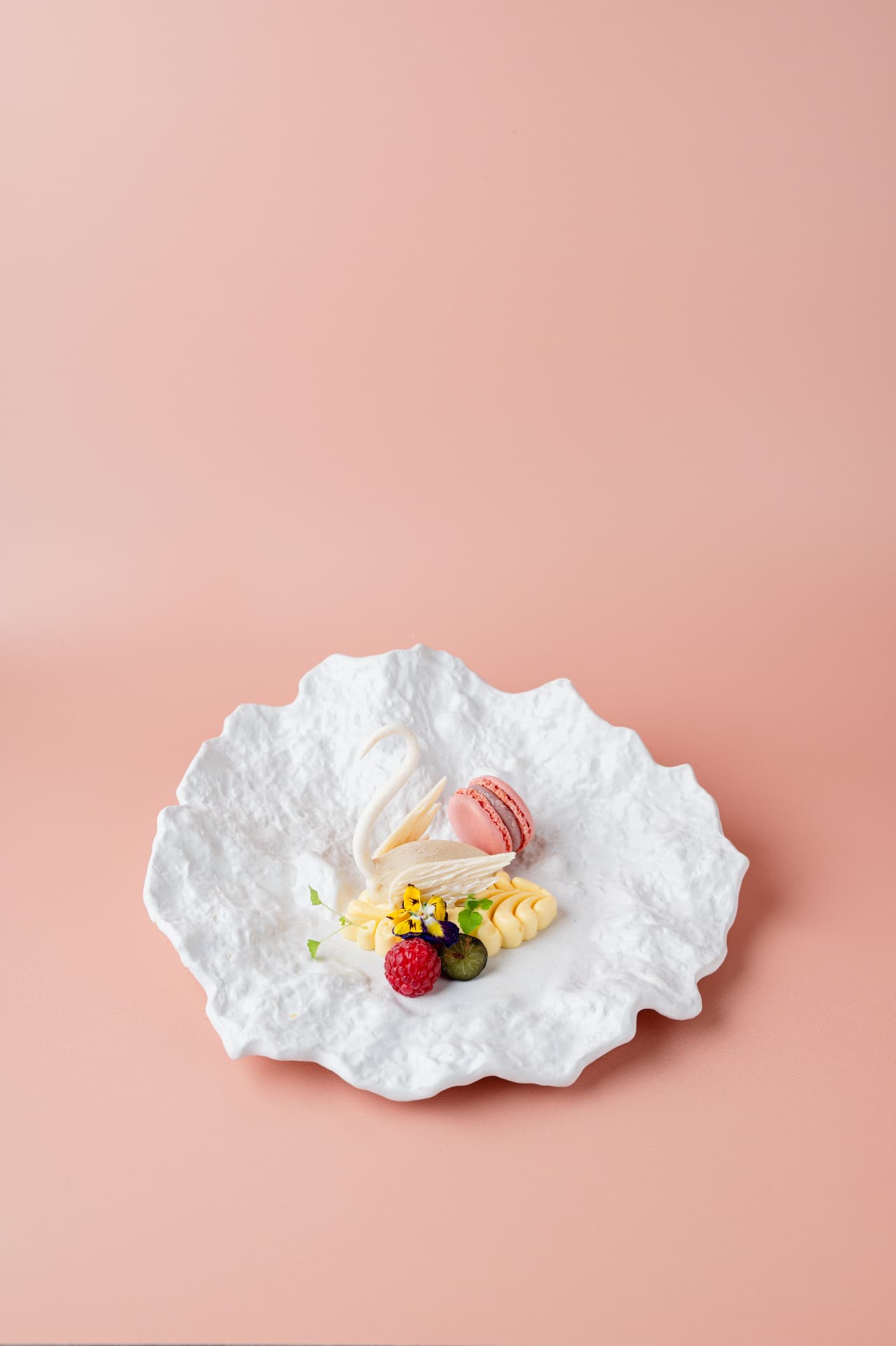 Dessert met witte-chocoladezwaan, macaron en eetbare bloem op een keramisch bord